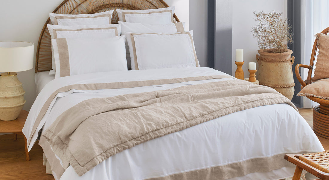 Photo showcasing SOWL Athens Bed Set, crafted from organic 100% cotton percale in linen beige and white. Includes duvet cover and pillow cases.
