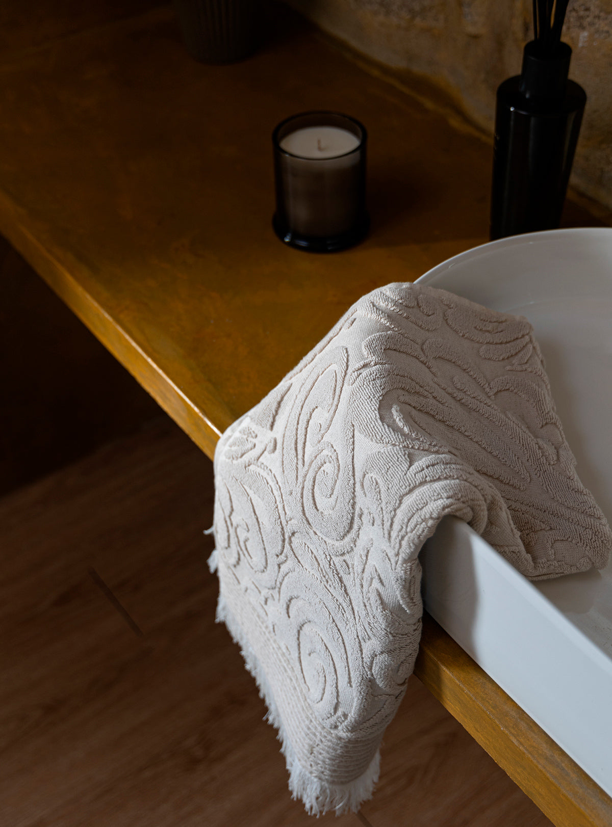 Harmony premium cotton bath towel in elegant beige, offering luxurious comfort and style.