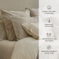 photo showcases premium cotton bed set of duvet cover, fitted sheet, pillowcases, in beige color, high quality