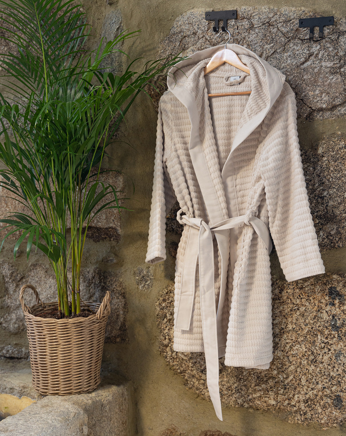 Beige Swell organic cotton bathrobe, featuring a luxurious and soft texture, perfect for ultimate comfort and relaxation.